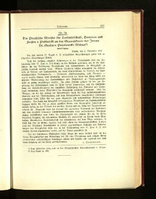 Nr. 74. Der Preußische Minister für Landwirtschaft, Domänen und Forsten v. Podbielski an den Staatssekretär des Innern Dr. Grafen v. Posadowsky=Wehner
