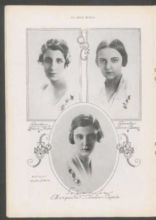 [Las bellezas de la sociedad - Fotografías] : Señorita Felisa Naón [y] Señorita Elvira Alvear [y] Señorita Margarita Abella Caprile [y] Señorita Clotilde Israel Ugalde [y] Señorita Iris Sagarna [y] Señorita Ana María Rodríquez Achaval. Fotos por Kasay [y] Abaroa
