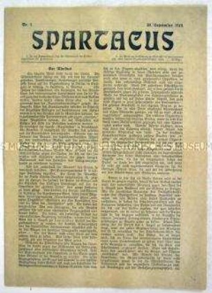 Erste Nummer des Mitteilungsblattes des Spartakus-Bundes ("Spartakus-Brief") u.a. zur Verurteilung von Karl Liebknecht