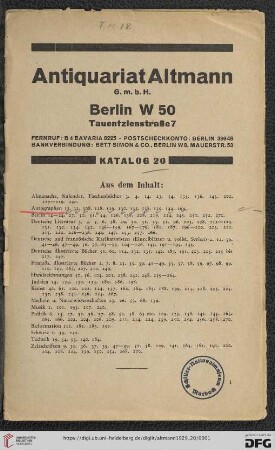 Nr. 20: Katalog / Antiquariat Altmann G.m.b.H., Berlin