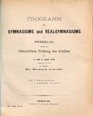 Programm des Gymnasiums und Realgymnasiums zu Prenzlau. 1883/84