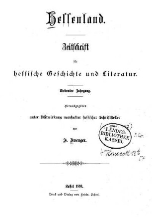 7.1893: Hessenland : Zeitschrift für hessische Geschichte und Literatur