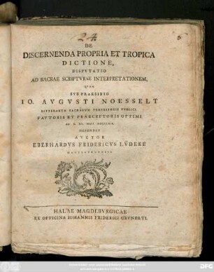 De Discernenda Propria Et Tropica Dictione : Dispvtatio Ad Sacrae Scriptvrae Interpretationem