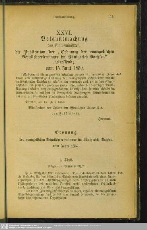 XXVI. Bekanntmachung des Cultusministerii, die Publication der "Ordnung der evangelischen Schullehrerseminare im Königreich Sachsen" betreffend; vom 15. Juni 1859