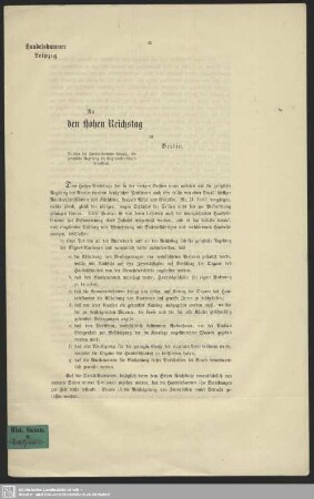 An den Hohen Reichstag zu Berlin : Petition der Handelskammer Leipzig, die gesetzliche Regelung der Engros-Auctionen betreffend