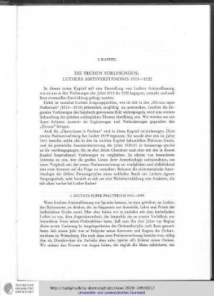 I. Die frühen Vorlesungen: Luthers Amtsverständnis 1513-1520