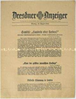 Nachrichtenblatt "Dresdner Anzeiger" u.a. zur Verhaftung Gandhis