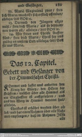 Das 12. Capitel. Gebett und Gesänger von der Himmelfahrt Christi
