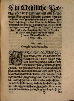 Christliche Erinnerung Bey der Historien von jüngst beschehener Erledigung einer Junckfrawen, die mit zwölfftausent sechs hundert zwey vnd fünfftzig Teufel besessen gewesen