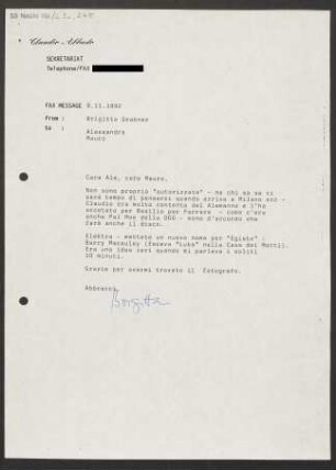 Brief an Alessandra Abbado und Mauro Meli, 09.11.1992