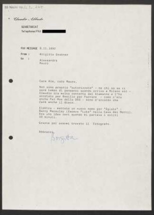 Brief an Alessandra Abbado und Mauro Meli, 09.11.1992