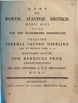 De Poetis Alsatiae Eroticis Medii Aevi Vulgo Von Den Elsaessischen Minnesingern