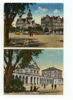 "Partie am Bahnhof mit Postamt" - Bahnhofvorplatz mit Löwenbrunnen, Postamt 2, Hauptbahnhof (color)