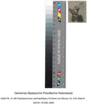 Mann in Uniform, nach links zeigend (Handskizze, coloriert, Feder in Schwarz und Tusche)