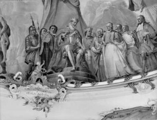 Die Verherrlichung der göttlichen Weisheit, symbolisiert durch das apokalyptische Lamm auf dem Buch der sieben Siegel — Ludwig XIV. von Frankreich und Nikolaus Wirieth von Marchtal bei einem Generalkapitel 1686 in Versailles, die Weisheit eines Prämonstratensers rühmend