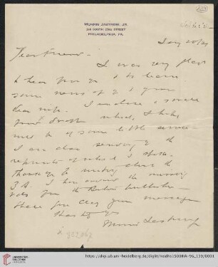 Briefe von Morris Jastrow an Carl Bezold: Brief von Morris Jastrow an Carl Bezold