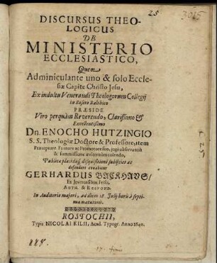 Discursus Theologicus De Ministerio Ecclesiastico