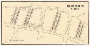 Bebauungsplan der Stadterweiterung, Neuruppin 2. Projekt. Nördliche Hälfte: Grund- und Lageplan 1:1000, zwischen Ludwig- und Wallstraße