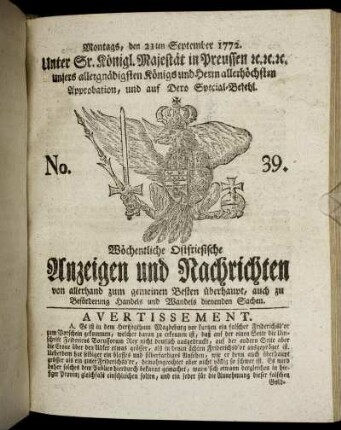 No. 39. Montags, den 21ten September 1772.