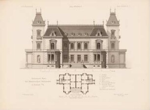 Direktorenhaus der Rheinischen Stahlwerke, Duisburg-Ruhrort: Grundriss, Ansicht (aus: Architektonisches Skizzenbuch, H. 139/4, 1876)