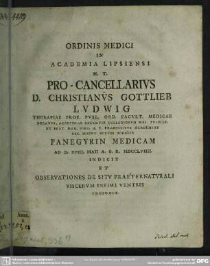 Ordinis Medici In Academia Lipsiensi H. T. Pro-Cancellarius D. Christianus Gottlieb Ludwig ... Panegyrin Medicam Ad D. XVIII. Maii A. O. R. MDCCLVIIII. Indicit Et Observationes De Situ Praeternaturali Viscerum Infimi Ventris Proponit