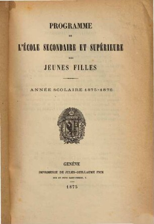 Programme de l'École Secondaire & Supérieure de Jeunes Filles. 1875/76