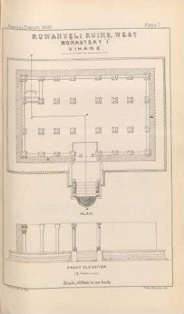 Plate I. Ruwanveli Ruins, West. Monastery "I". Viháre. Plan. Front elevation