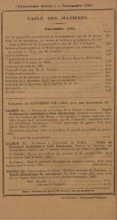 Table des matières. Novembre 1882.