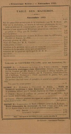 Table des matières. Novembre 1882.