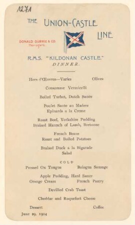 Menükarte : Dinner, R.M.S. "Kildonan Castle"