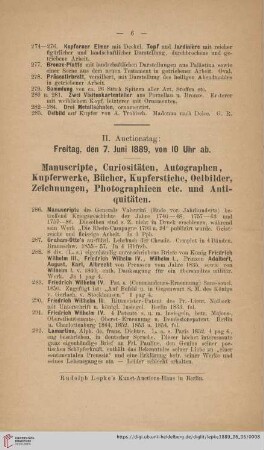 II. Auctionstag: Freitag, den 7. Juni 1889, 10 Uhr ab (Nr. 286 - 498)