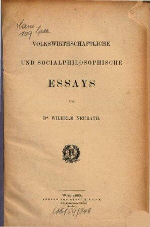 Volkswirtschaftliche und socialphilosophische Essays