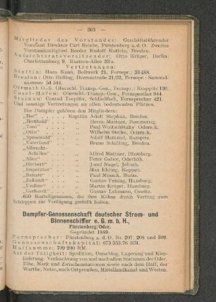 Dampfer-Genossenschaft deutscher Strom- und Binnenschiffer e.G.m.b.H., Fürstenberg/ Oder.
