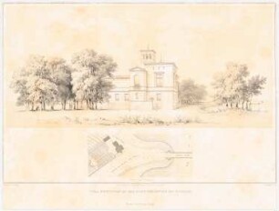 Architektonische Entwürfe für den vorhandener Gebäude, Potsdam 1845-49. Die Villa Schöningen an der Glienicker Brücke, Potsdam Umbau: Tafel 14. Perspektivische Ansicht von der Landstraße aus