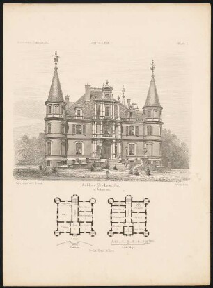 Schloss Haidänichen: Grundrisse, Vorderansicht (aus: Architektonisches Skizzenbuch, H. 112/1, 1872)
