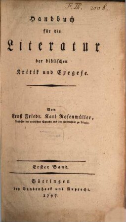 Handbuch für die Literatur der biblischen Kritik und Exegese, 1