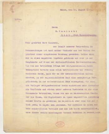 Brief an Heinrich Kaminski : 13.08.1925