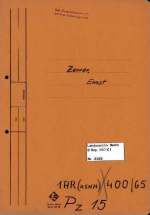 Personenheft Ernst Zerrer (*19.08.1896), Kriminalsekretär