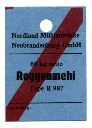 VEB Mühlenwerke Neubrandenburg GmbH Roggenmehl Type R 997