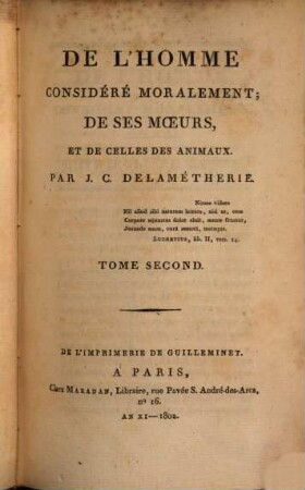 De l'homme considéré moralement : de ses moeurs, et de celles des animaux, 2