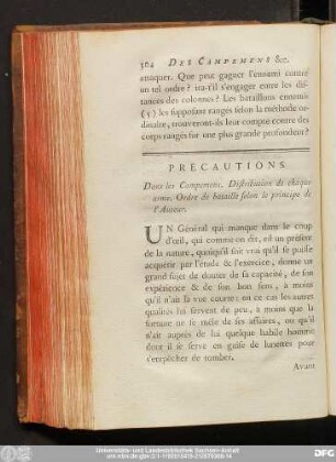 Précautions Dans les Campemens. Distribution de chaque arme. Ordre de bataille selon le principe de l'Auteur.