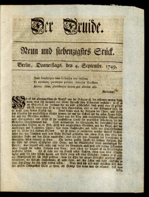 Neun und siebenzigstes Stück. Berlin, Donnerstags, den 4. Septembr. 1749