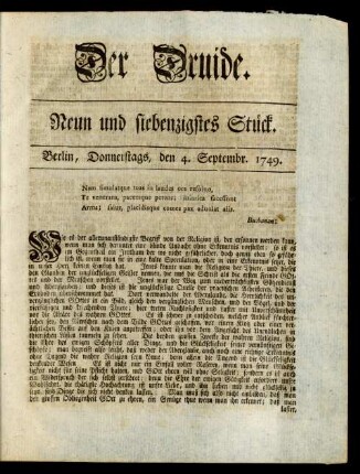 Neun und siebenzigstes Stück. Berlin, Donnerstags, den 4. Septembr. 1749