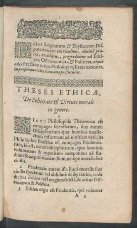 Theses Ethicae, De Felicitate & Virtute morali in genere