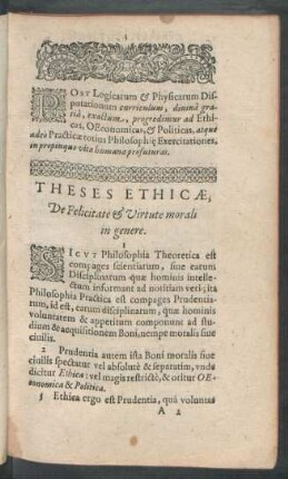 Theses Ethicae, De Felicitate & Virtute morali in genere