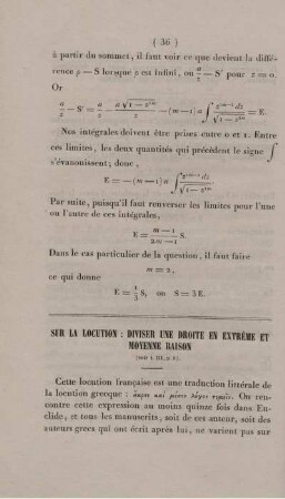 Sur la locution: diviser une droite en extrème et moyenne raison.