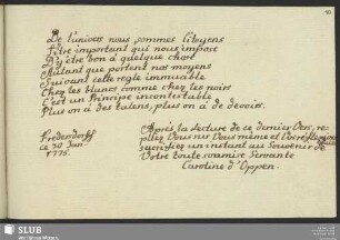 Bl. 10r: Caroline von Oppen. Fredersdorf, 30.01.1775.