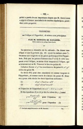 Théprème sur l´ellipse et l´hyperbole, de mémes axes principaux.