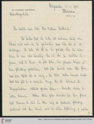 Brief von Heinrich Gwinner an Gustav Radbruch