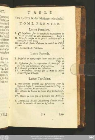 Table Des Lettres & des Matieres principales.